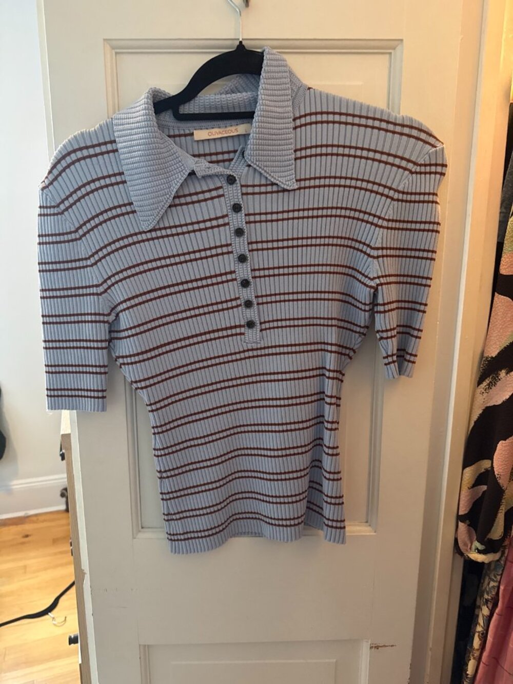 Olivaceous Striped Ribbed Knit Polo Top Blue Brown, Size L